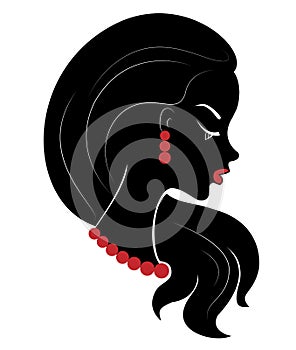 Silhouette of a head of a sweet lady. The girl shows her hairstyle on long and medium hair. The woman is beautiful and stylish.