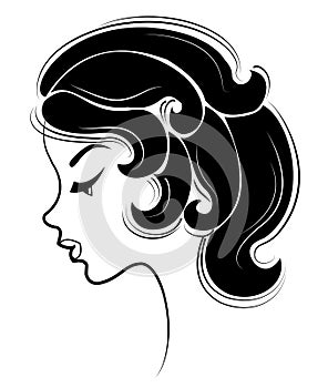 Silhouette of a head of a sweet lady. The girl shows her hairstyle on long and medium hair. The woman is beautiful and stylish.