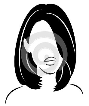 Silhouette of a head of a sweet lady. The girl shows her hairstyle on long and medium hair. The woman is beautiful and stylish.