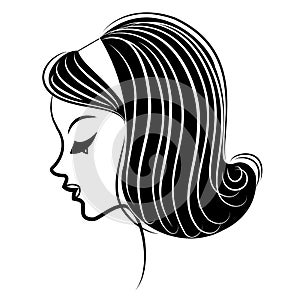 Silhouette of a head of a sweet lady. The girl shows her hairstyle on long and medium hair. The woman is beautiful and stylish.