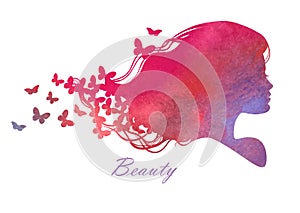 Silhouette head with watercolor hair. Vector illustration of woman beauty salon