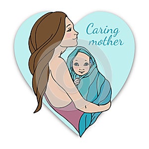 In the silhouette of a heart a mother with a baby in her arms embraces a newborn. Vector illustration