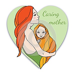 In the silhouette of a heart a mother with a baby in her arms embraces a newborn. Vector illustration