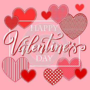 Silhouette of hearts, hand written lettering Happy Valentines day, vector illustration