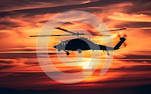 A silhouette of a helicopter flying against the vibrant hues of a sunset sky, emanating a sense of freedom and adventure