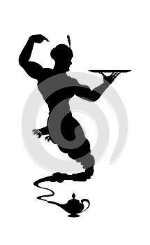 Silhouette helpful genie from Arabic lamp. Detailed contour black. Vector isolated illustration