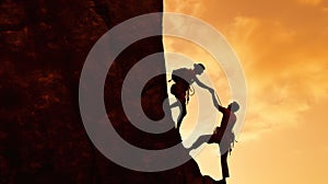 Silhouette of helping hand between two climber. couple hiking help each other silhouette in mountains with sunlight.