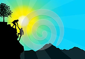 Silhouette of helping hand between two climber