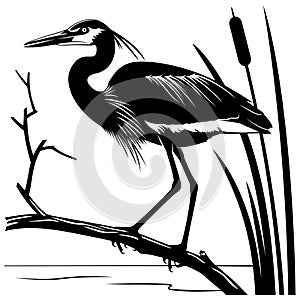 Silhouette of Heron standing on a branch. Black and white stencil vector illustration.