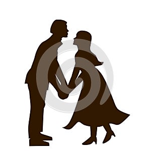 A silhouette of a heterosexual couple holding hands. Cartoon illustration.