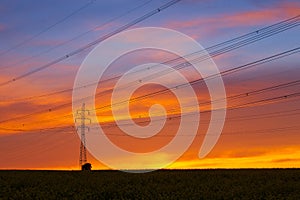 Silhouette of high voltage electrical pole structure