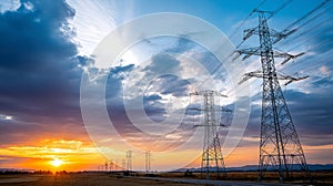 Silhouette of high voltage electrical tower against sunset and beautiful sky.