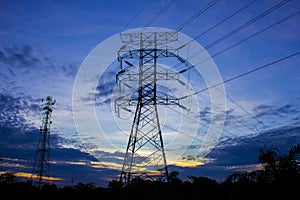 Silhouette of high voltage electricity tower