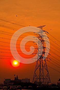 Silhouette of high voltage towers