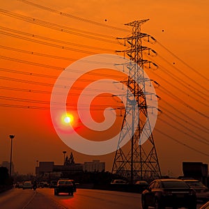 Silhouette of high voltage towers