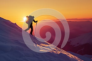 silhouette of hiker against sunset on snowy mountaintop