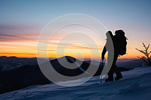 silhouette of hiker against sunset on snowy mountaintop