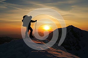 silhouette of hiker against sunset on snowy mountaintop