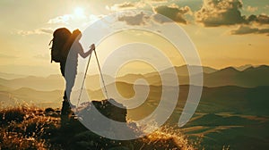 A silhouette of a hiker backpack and walking stick in hand stands atop a hill taking in the breathtaking view of the