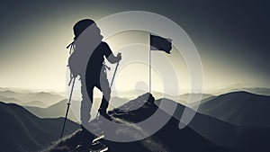 Silhouette of a hiker with a flag on a mountain peak during a majestic sunrise