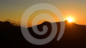 Silhouette of Himalayan mountain ranges and hills as the sun rises, viewed from the summit of Poon Hill, Nepal