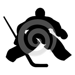 Silhouette of a hockey goalkeeper in full gear, standing with a stick waiting for the puck to hit the goal