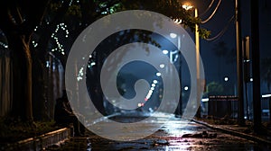 Silhouette of a homeless man sitting on the street at night in Bangkok