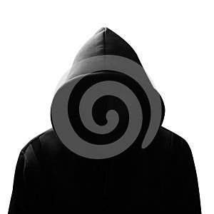 Silhouette of a hooded man or hooligan isolated on white background,