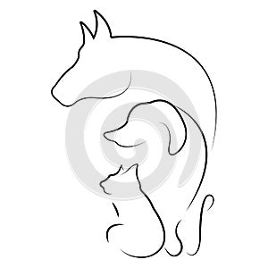 The silhouette of a horse, dog and cat is drawn in a minimalist style. Design for decor, decoration, mascot, icons, logo