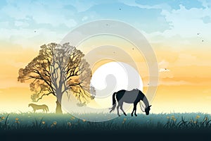 silhouette of a horse grazing at sunrise