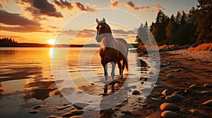 Silhouette of a horse on lake shore at sunset background