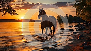 Silhouette of a horse on lake shore at sunset background