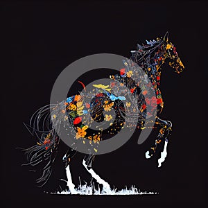 Silhouette of a horse made from butterflies and flowers