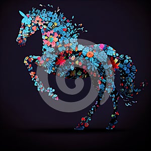 Silhouette of a horse made from butterflies and flowers