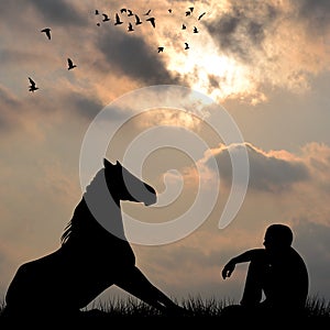 Silhouette of horse and man sitting on grass outdoor