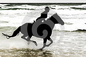 Silhouette Horse and Rider on beach