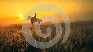 Silhouette of a horse rider at sunrise
