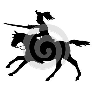 Silhouette of a horseman with a saber. The military cavalry is attacking