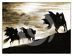 Silhouette of the horsemen.