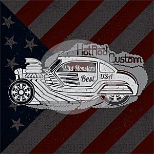 Silhouette of hot rod car in smoke with wild monsters custom lettering on USA flag