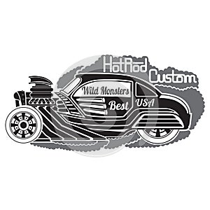 Silhouette of hot rod car in smoke with wild monsters custom lettering