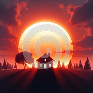 Silhouette of a house against the background of a big sun.