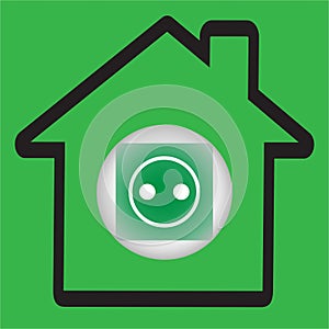 Silhouette of a house with a green power socket button