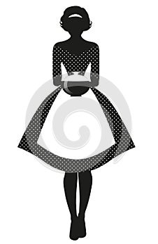 Silhouette of housewife dressed in the style of the 50s in a polka dot dress, carrying a steaming pot isolated on white background