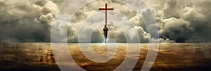 silhouette of a huge catholic cross and a lonely person nearby, above the clouds, sky landscape, panoramic view. conceptual