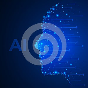 Silhouette of human face made of star cluster and flying binary code numbers. Artificial intelligence concept. Vector illustration