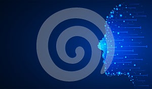 Silhouette of human face made of star cluster and flying binary code numbers. Artificial intelligence concept. Vector illustration