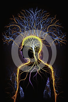 Silhouette of a Human Figure, Surrounded by a Network of Neurons, Symbolizing the Connection between Mind, Body, and Soul.