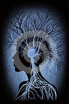 Silhouette of a Human Figure, Surrounded by a Network of Neurons, Symbolizing the Connection between Mind, Body, and Soul.