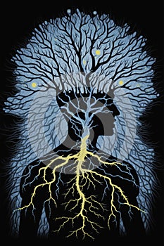 Silhouette of a Human Figure, Surrounded by a Network of Neurons, Symbolizing the Connection between Mind, Body, and Soul.